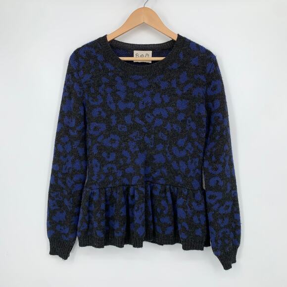 Sea New York Blue Leopard Print Peplum Ruffle Balloon Sleeve Alpaca Sweater - Picture 1 of 9